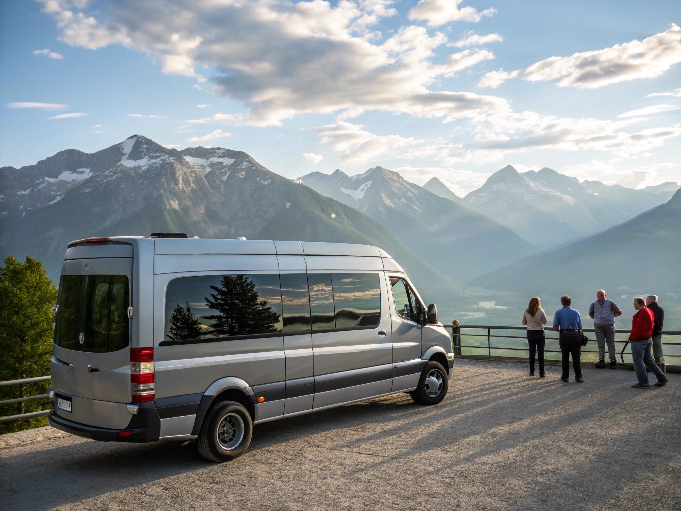17-seater Force Urbania luxury passenger coach traveling on a scenic route