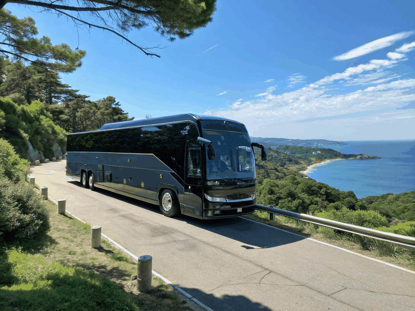 33/48-seater luxury tourist bus parked along scenic route
