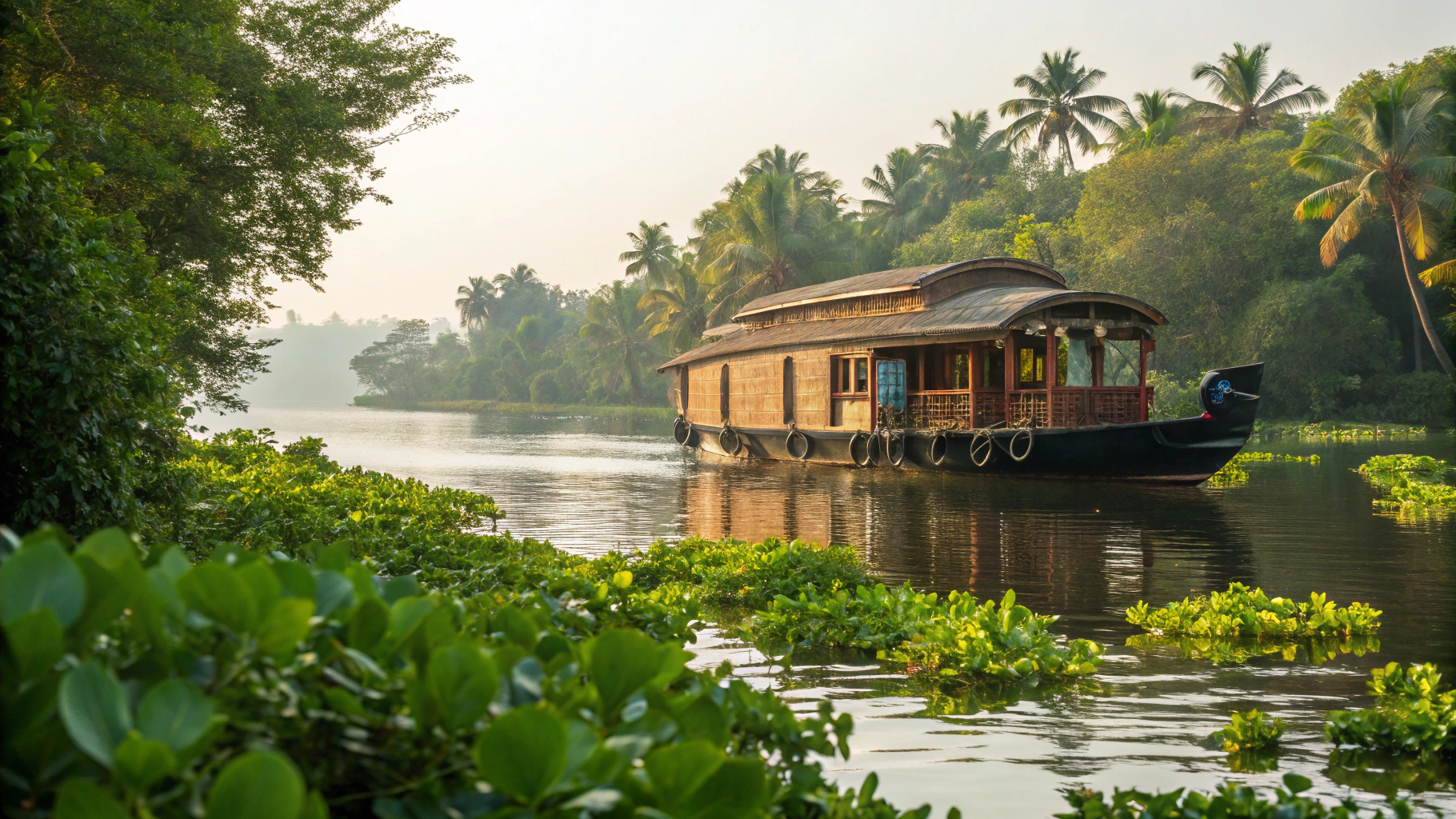Traditional Kerala houseboat cruising serene palm-fringed backwaters in Alleppey