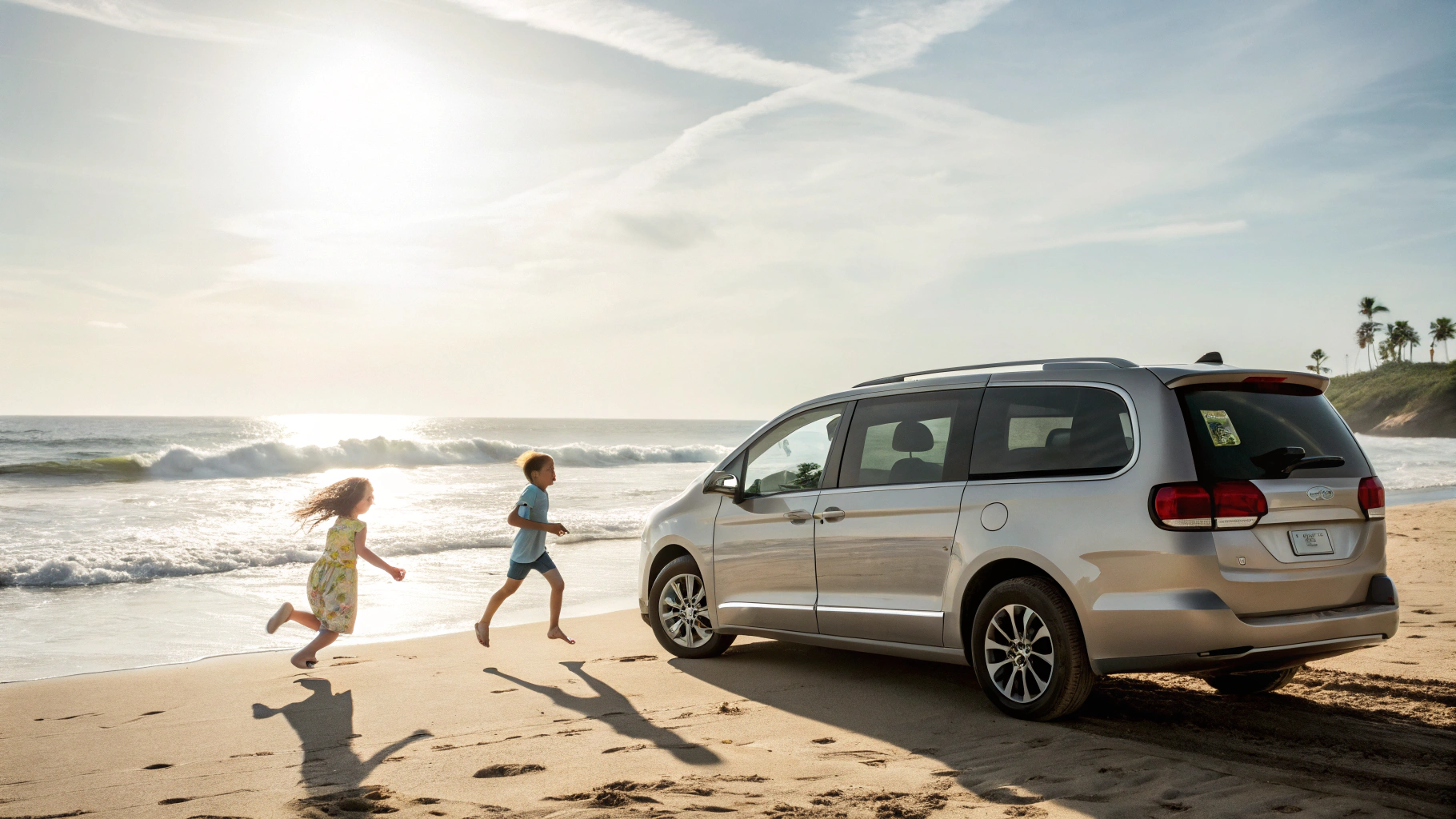 Modern luxury family travel van parked near a scenic tropical Kerala resort
